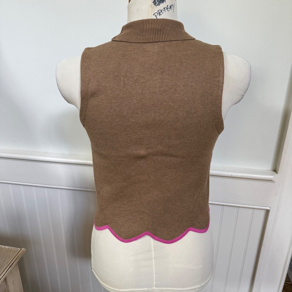 Maeve Anthropologie Mock Neck Sleeveless Scalloped Hem Knit Top Brown Pink XXS - Picture 3 of 7